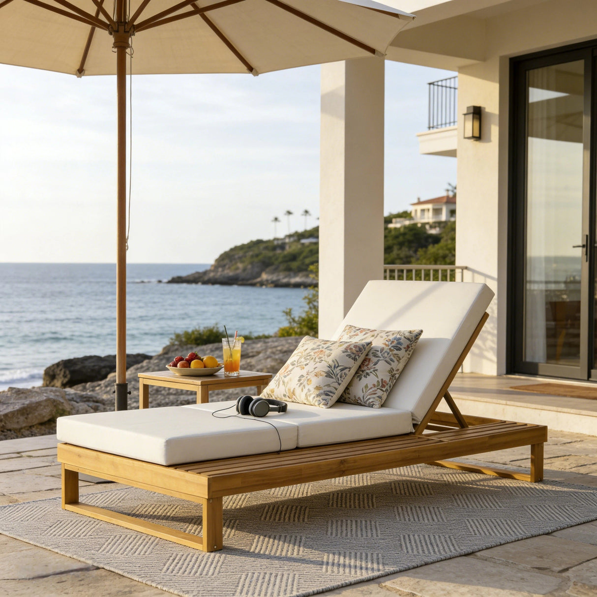 Teak Wood Chaise Lounge with 4-Inch Cushion - OROA