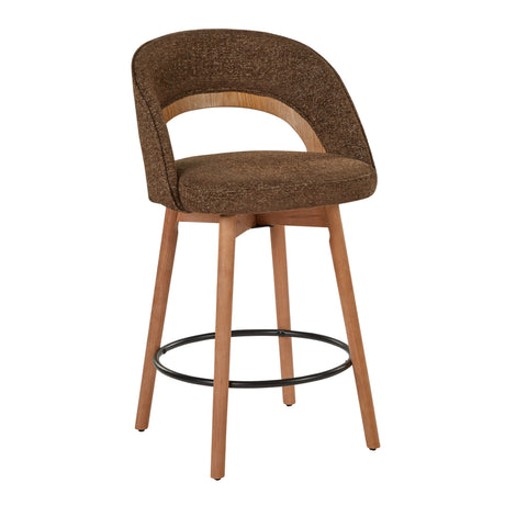 Dark brown upholstered counter stool with wood legs — front three-quarter view