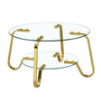 Glass coffee table with gold metal frame on a white background