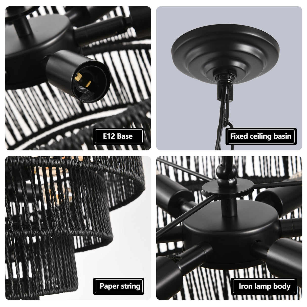 5-Tier Black Hemp Rope Pendant Light Chandelier