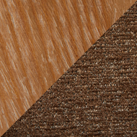 Dark brown upholstered counter stool with wood legs — wood and fabric close-up