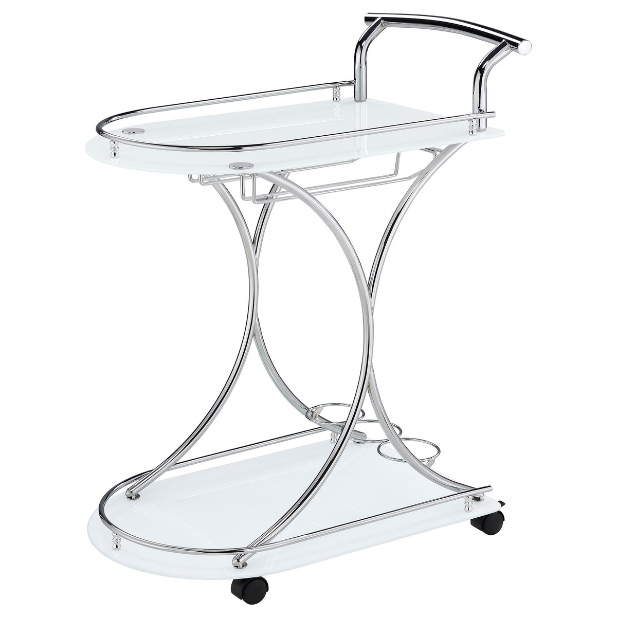 Allen 2-Tier Glass Shelf Bar Cart with Stemware and Wine Rack, White and Chrome Metal - OROA Modern Furniture