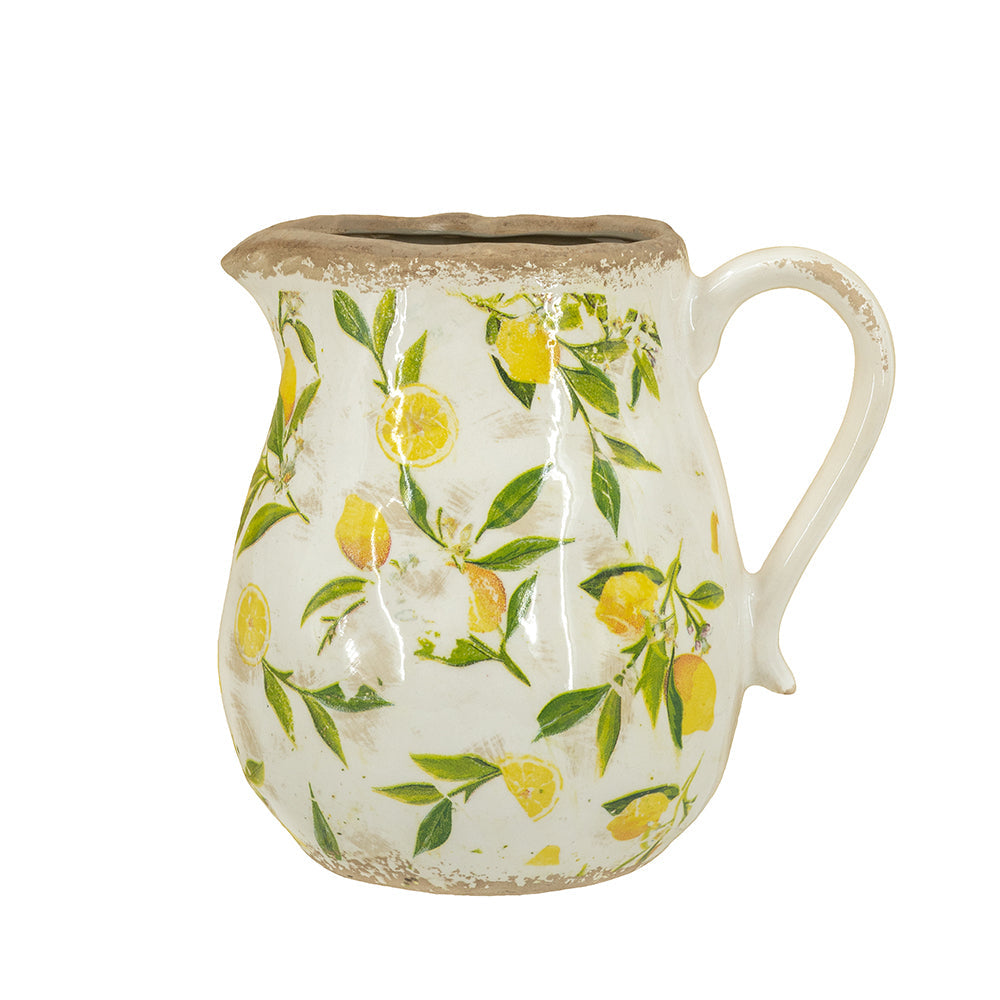 White Ceramic Pitcher Vase with Lemon Motif - OROA