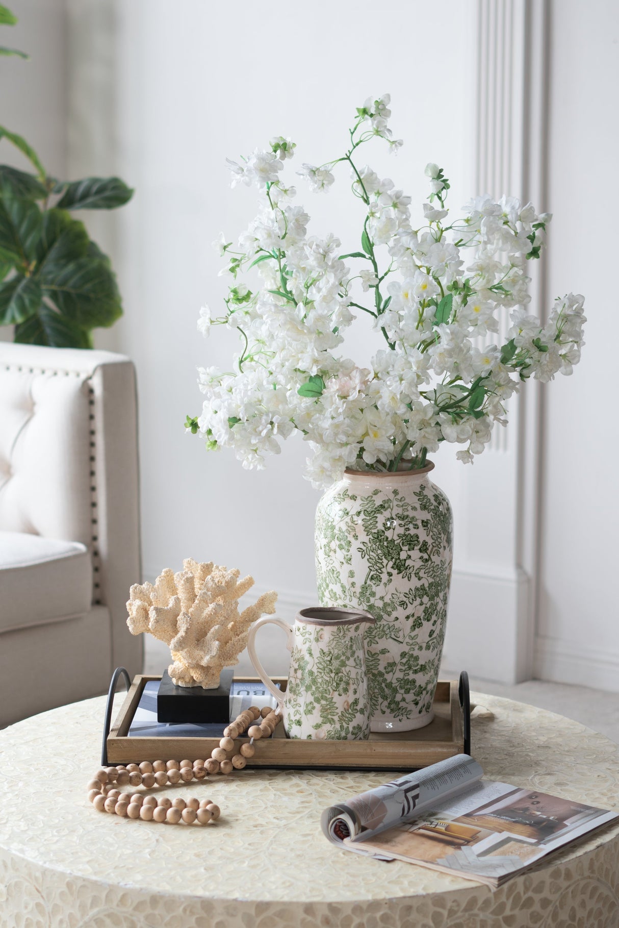 White Ceramic Flower Vase with Green Floral Pattern - OROA