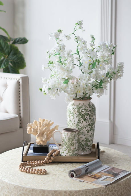 White Ceramic Flower Vase with Green Floral Pattern - OROA