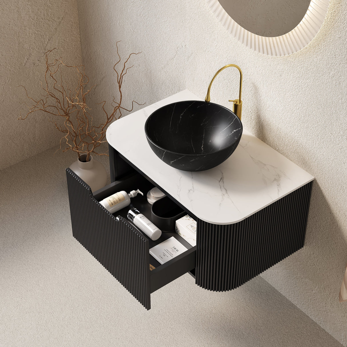 Modern Bathroom Vanity & Sink with Floating Curved Edges - OROA