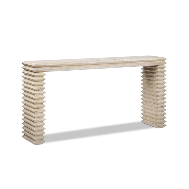 Veda Whitewashed Reclaimed Pine Geometric Console Table with Slim Stacked Legs - OROA Modern Furniture
