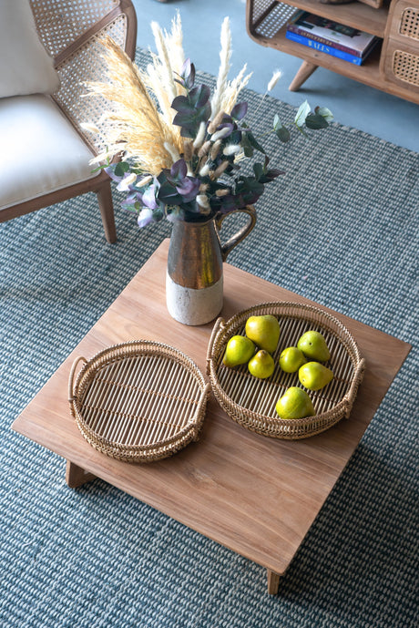Round Decorative Brown Bamboo Woven Trays with Handles (S/3)