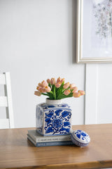 Hand Painted Square Canister - Blue/White Floral Pattern - OROA