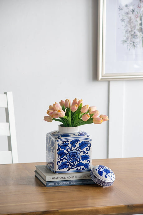 Hand Painted Square Canister - Blue/White Floral Pattern - OROA