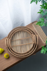 Round Decorative Brown Bamboo Woven Trays with Handles (S/3)