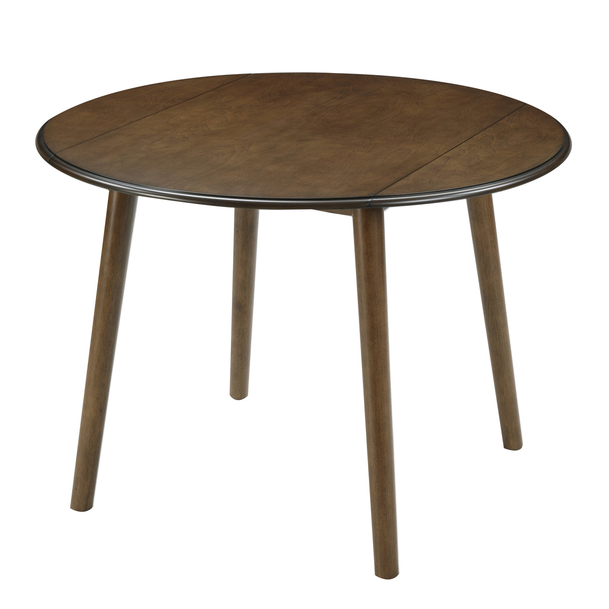 Walnut-Finish Birch Veneer Round Drop-Leaf Dining Table — three-quarter view with leaves raised