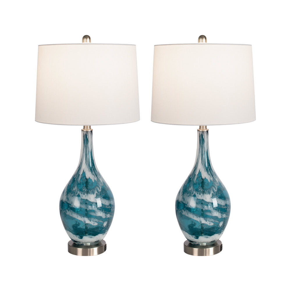 Blue Glass Dimmable USB Table Lamps — pair with white drum shades