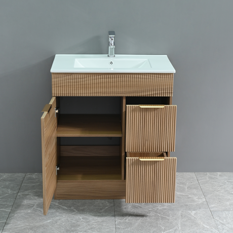 Walnut-Look Fluted Bathroom Vanity with Ceramic Sink — door and drawers open