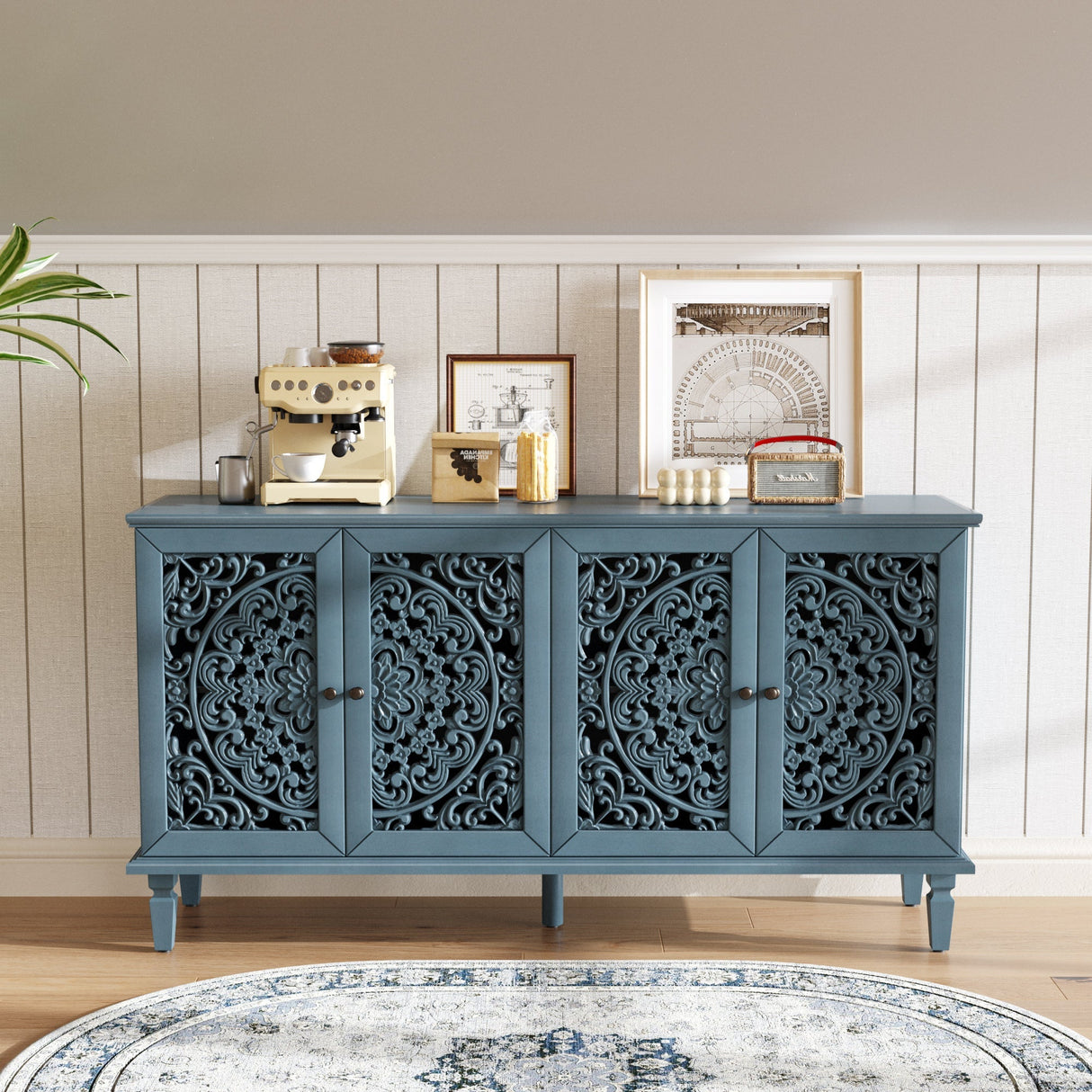 Antique Buffet Cabinet with Floral Carvings - OROA