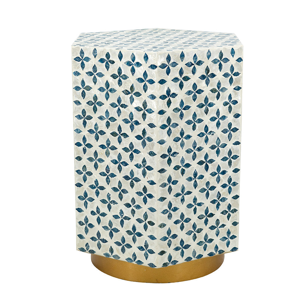 Hexagonal Accent Table with Blue Capiz Design and Gold Base