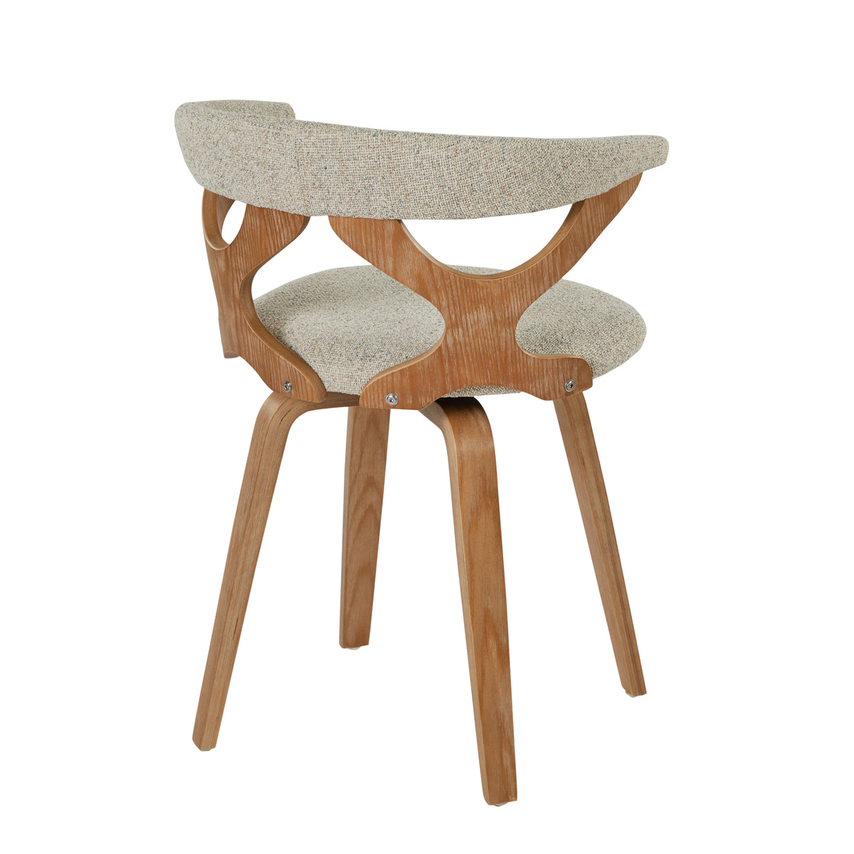 Oatmeal Fabric Swivel Dining Chair with Whitewashed Wood — rear three-quarter view