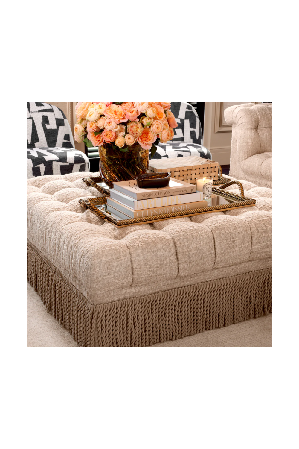 Cream Boucle Tufted Fringe Ottoman | Eichholtz Dorantes | Oroatrade.com