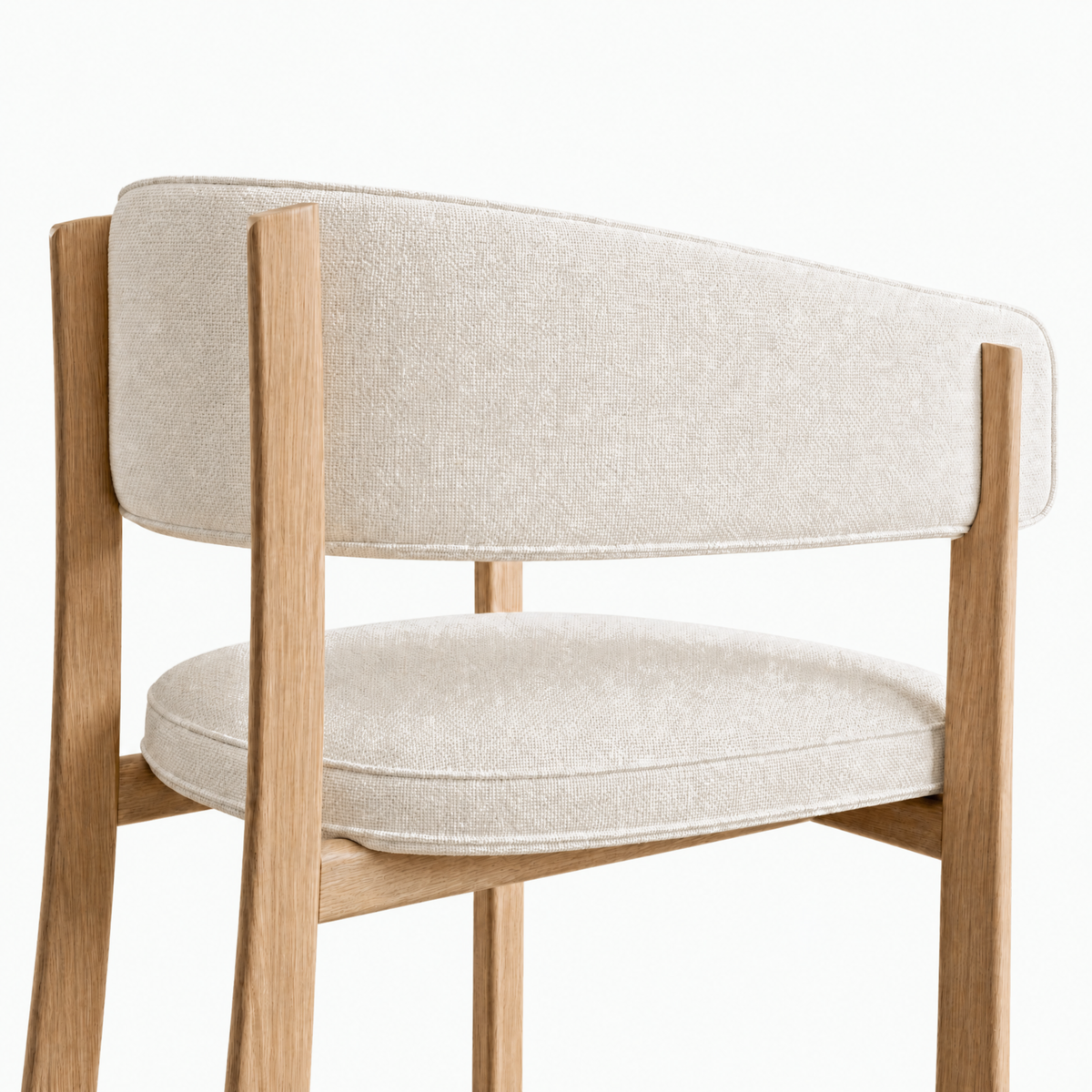 Sculptural upholstered Avila Dining Chair in Alpine White and Natural Oak.