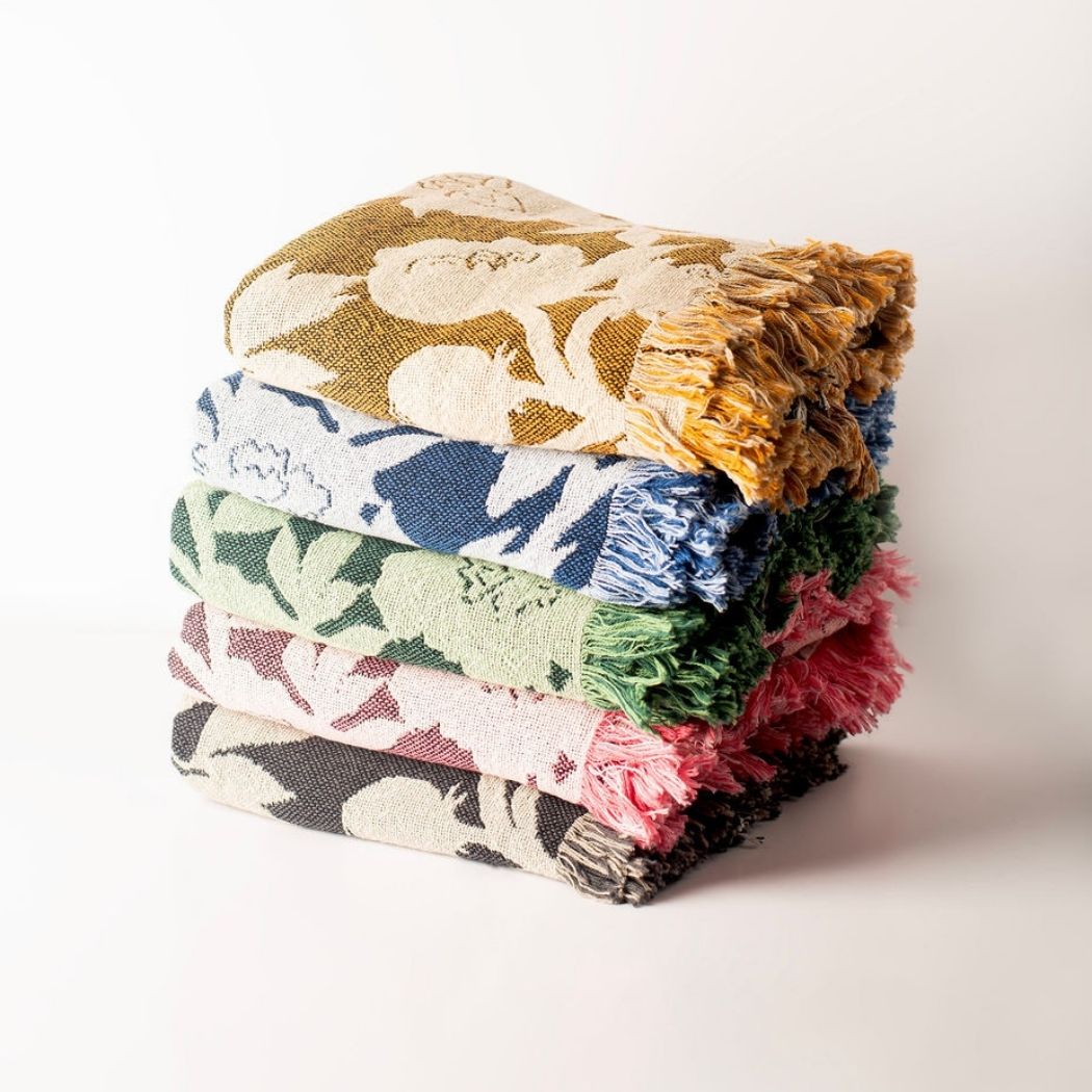 Botanical Green Throw Blanket, Reversible Cotton Jacquard Throw