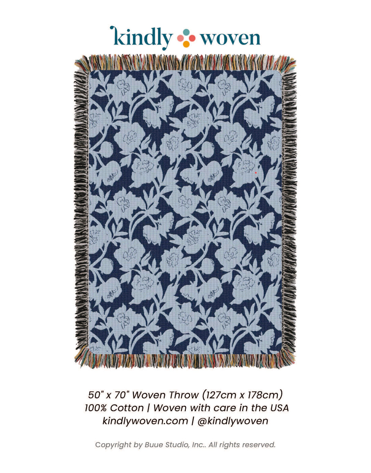 Blue Floral Jacquard Throw Blanket, Reversible Cotton Throw, Made in USA