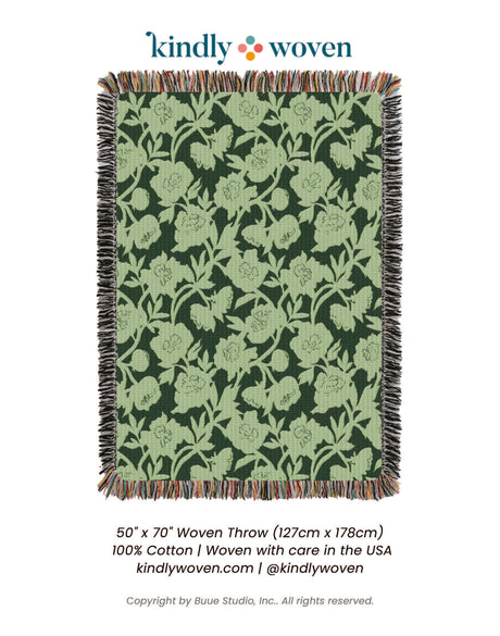 Botanical Green Throw Blanket, Reversible Cotton Jacquard Throw