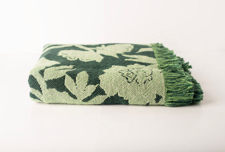 Botanical Green Throw Blanket, Reversible Cotton Jacquard Throw