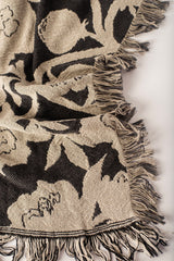 Neutral Botanical Throw Blanket, Reversible Cotton Jacquard Throw