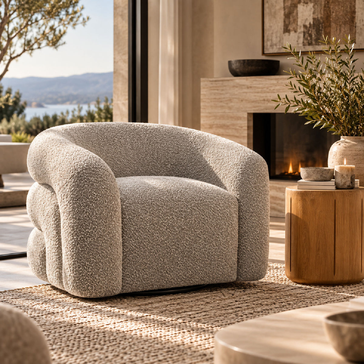 Modern Gray Boucle Upholstered Swivel Accent Chair | OROA