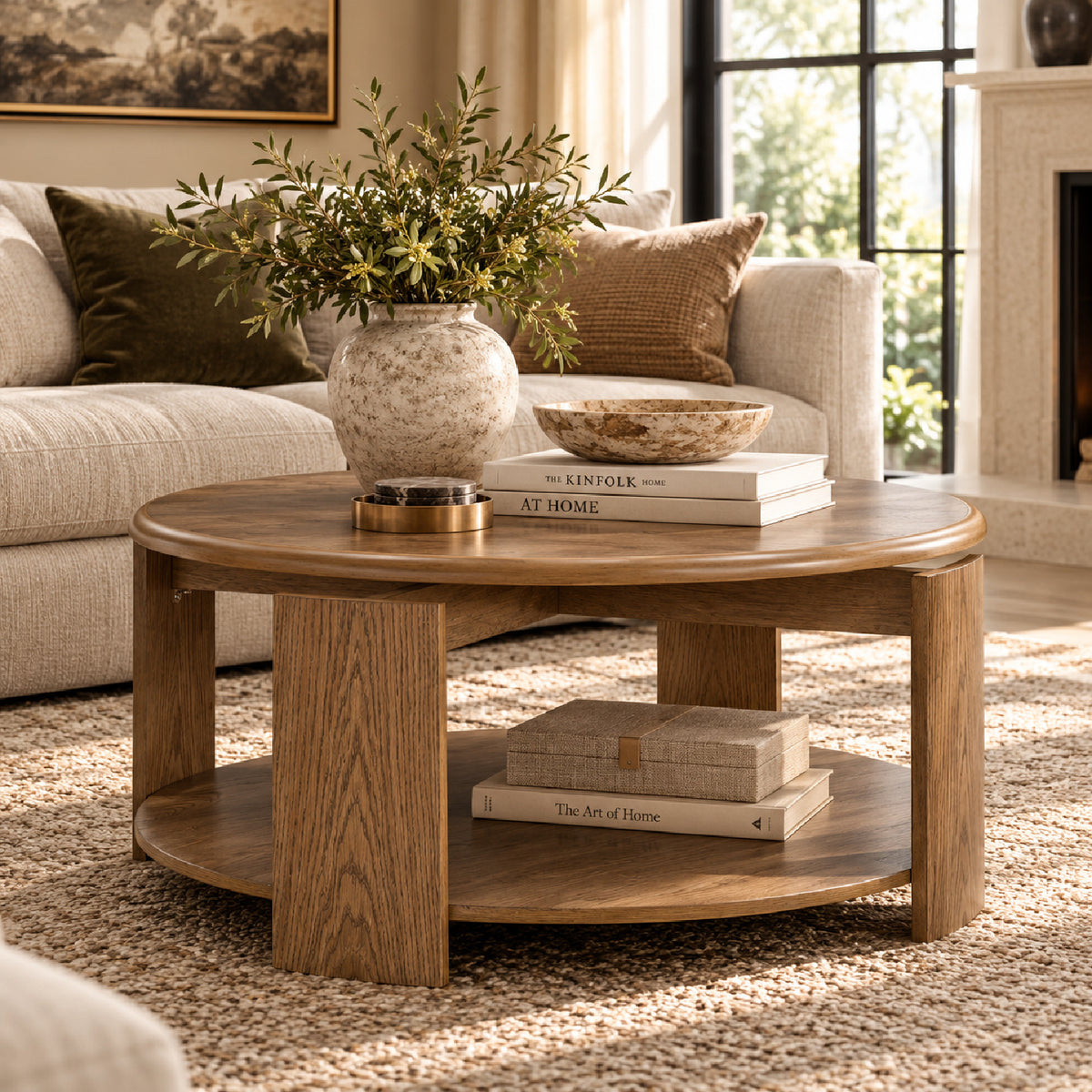 Brown Round Swivel Top Coffee Table with Storage Shelf | OROA