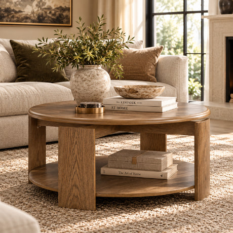 Brown Round Swivel Top Coffee Table with Storage Shelf | OROA