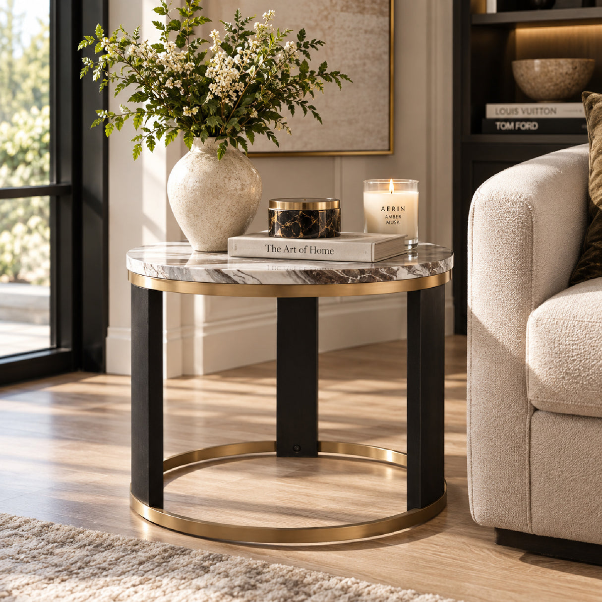Round Ivory Faux Marble End Table | OROA