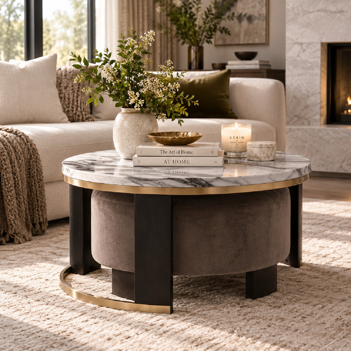 Faux Marble Nesting Coffee Table with Ottoman | OROA