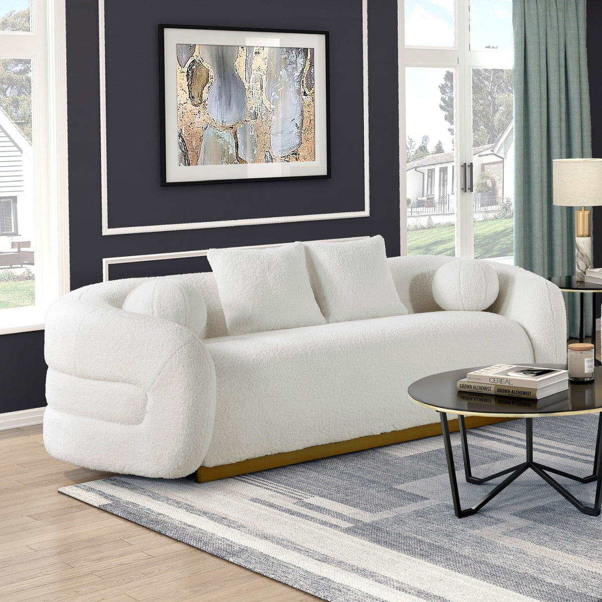 White Fabric Upholstered Sofa with Pillows | OROA