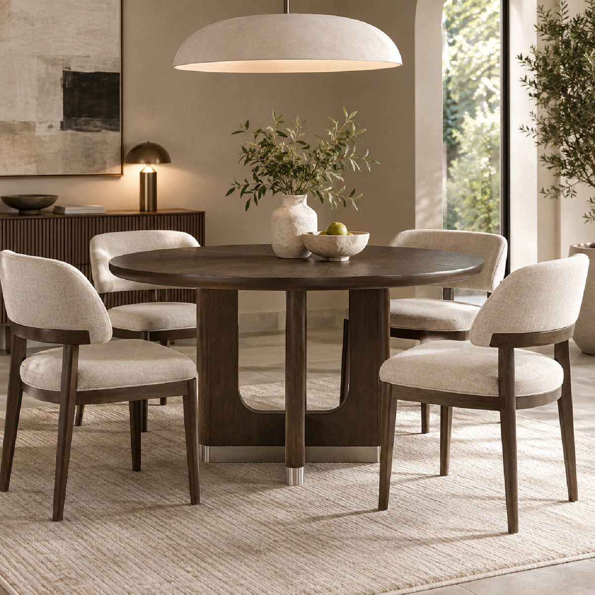 Modern Round Brown Wooden Dining Table | OROA