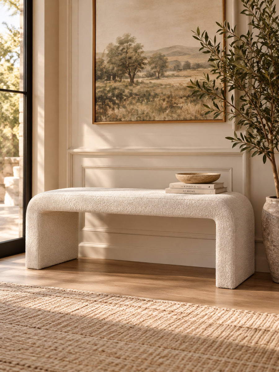Modern European furniture - Cream Boucle Waterfall Bench - www.oroa.com