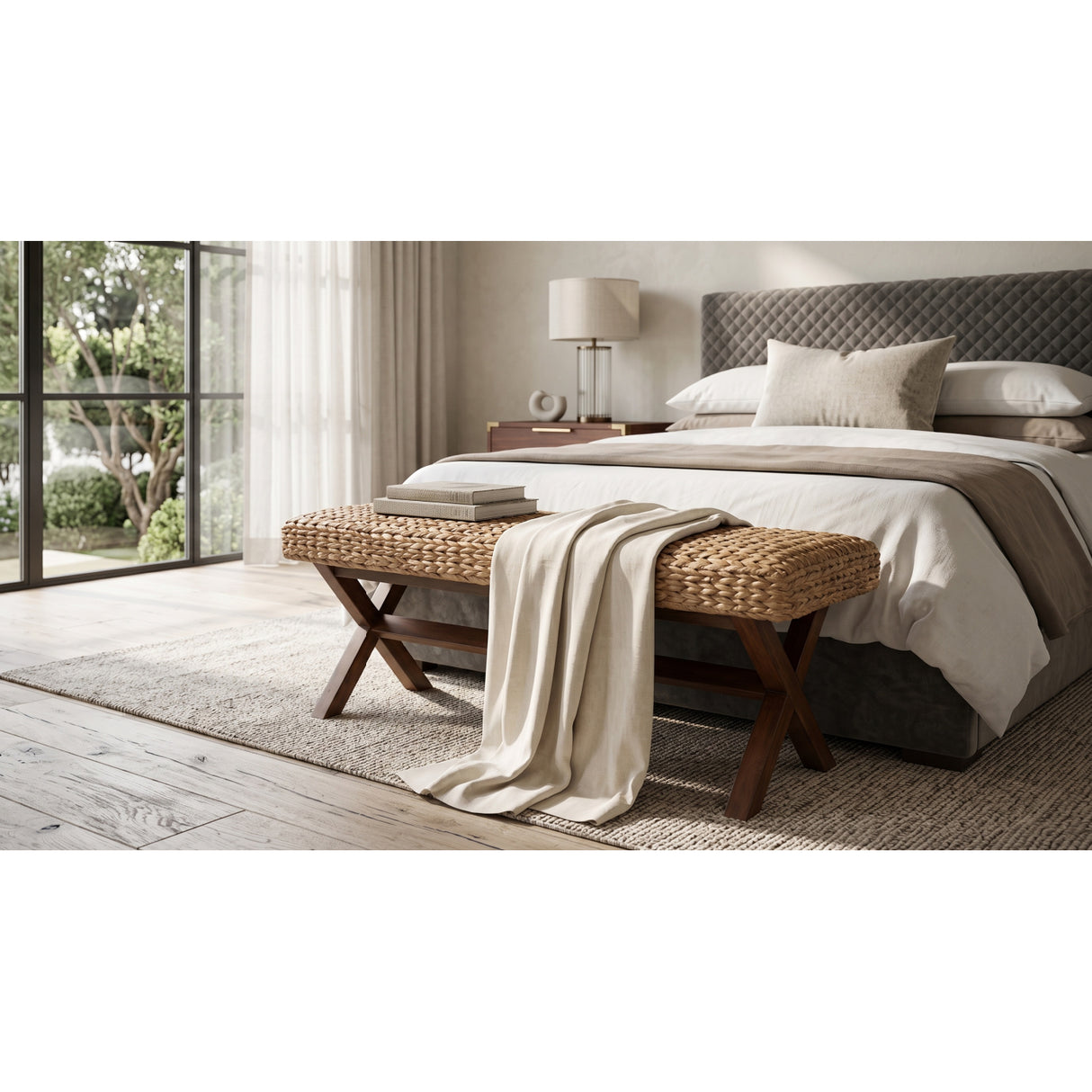 Water Hyacinth Seat Mahogany Base Bench | OROA