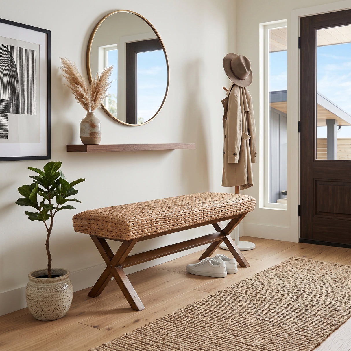 Water Hyacinth Seat Mahogany Base Bench | OROA