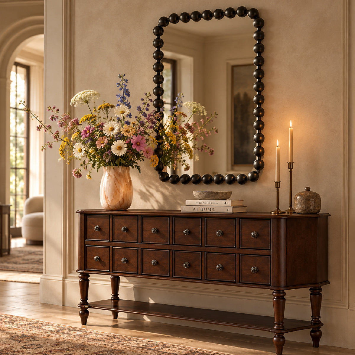 Black Rounded Rectangle Beaded Wall Mirror by OROA