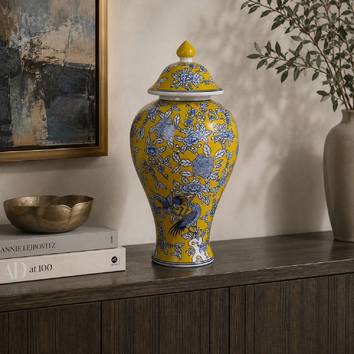 Yellow Bird and Floral Decorative Jar | OROA
