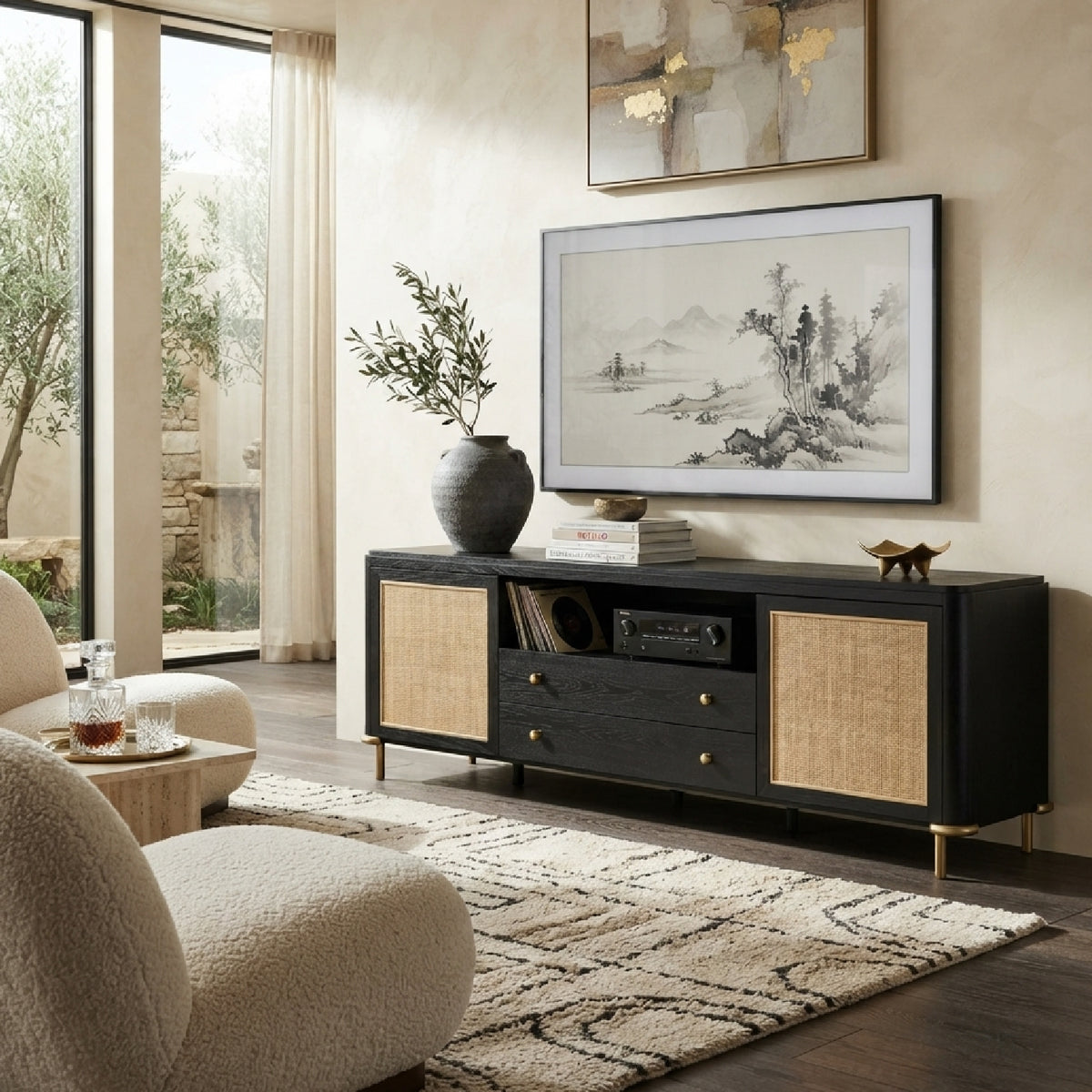 Benson Black Rattan Accent 2-Door TV Stand | OROA