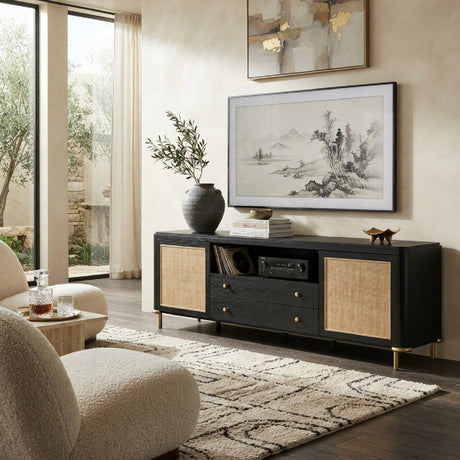 Benson Black Rattan Accent 2-Door TV Stand | OROA