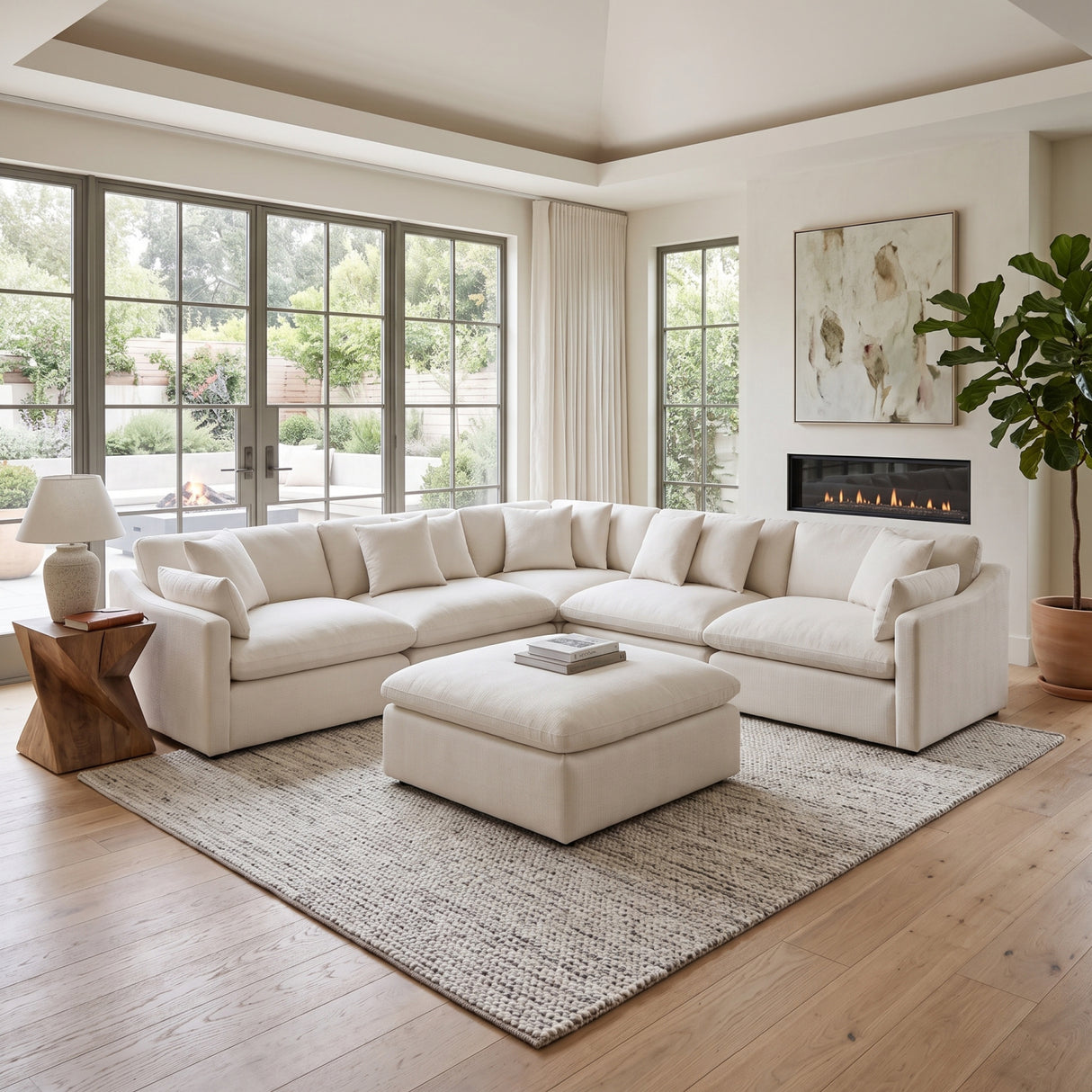 Ivory Upholstered Modular Sectional Sofa and Ottoman | OROA