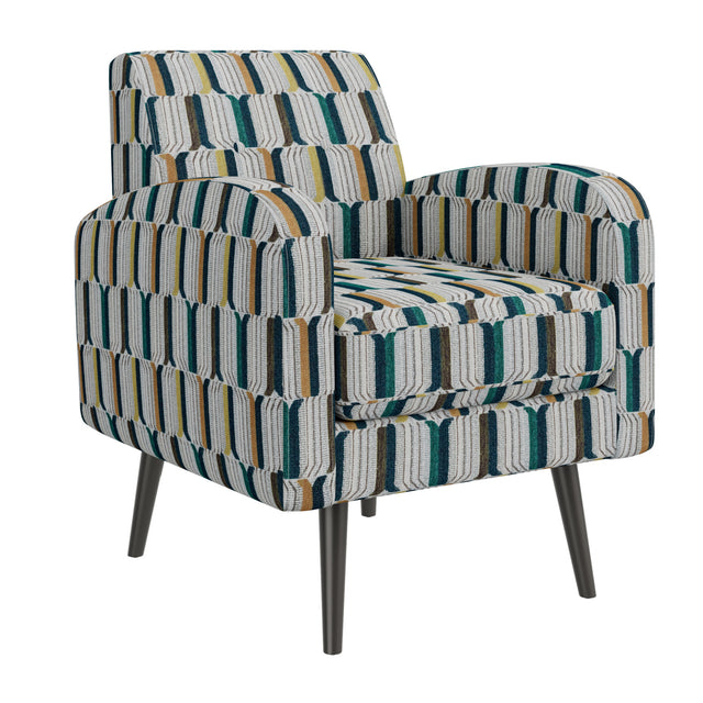 A mid-century modern accent chair upholstered in a striped patterned fabric.