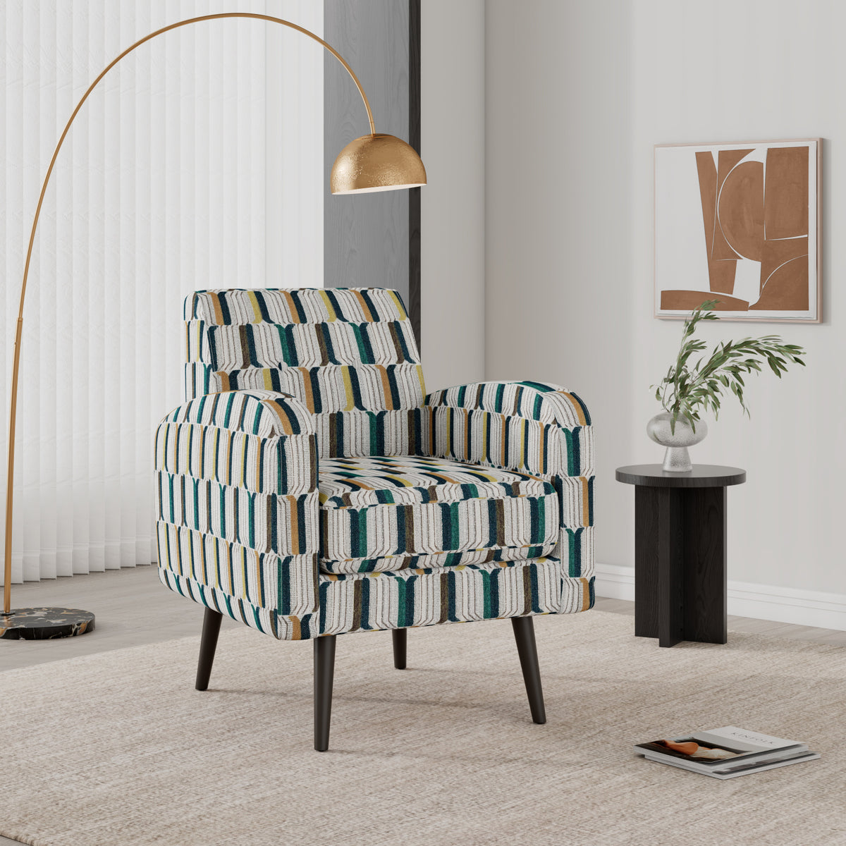A modern upholstered accent chair with a striped pattern in teal, cream, mustard, and gray,.