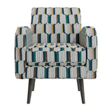 A modern armchair with a textured geometric striped pattern in teal, mustard yellow, brown, and off-white, supported by dark tapered legs, shown against a plain white background.