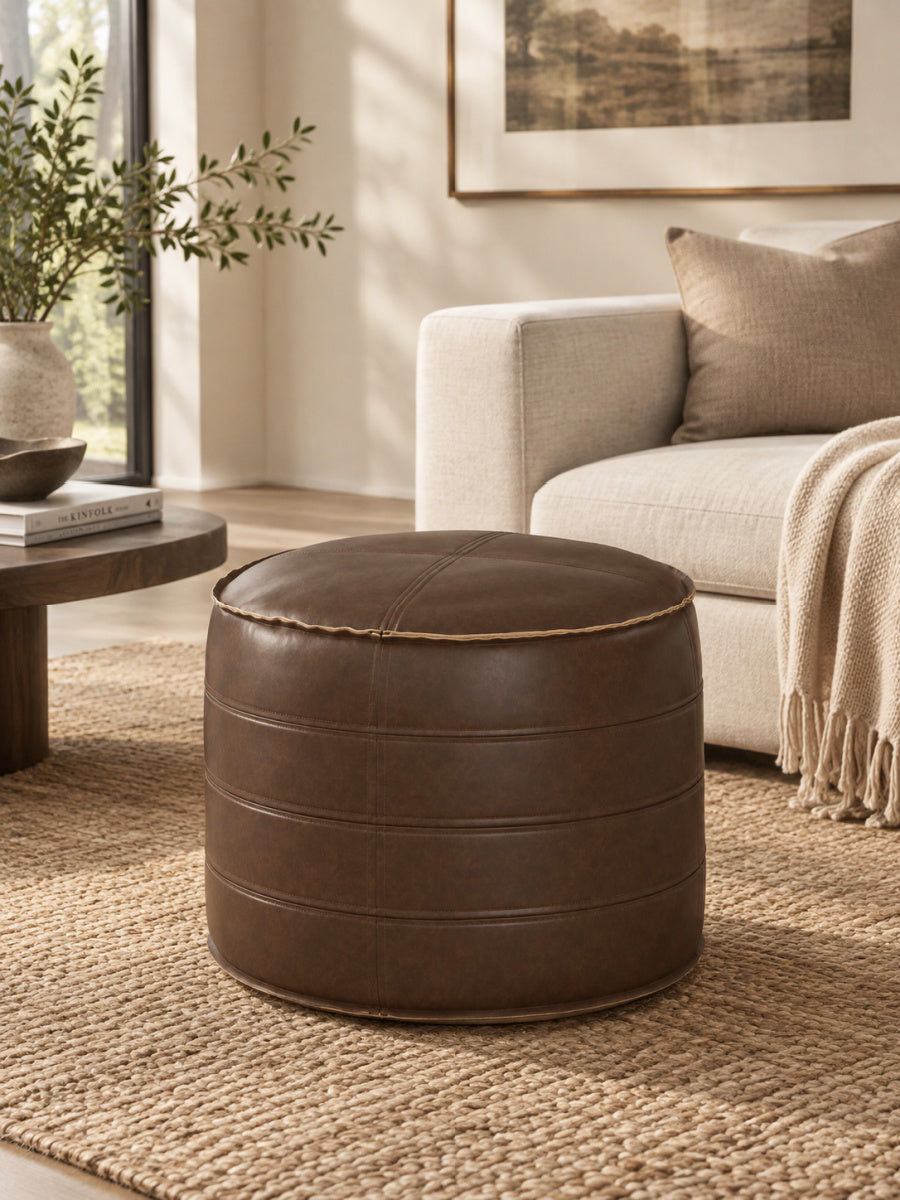 Modern European furniture - Round Distressed Brown Vegan Leather Pouf - www.oroa.com