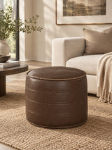 Modern European furniture - Round Distressed Brown Vegan Leather Pouf - www.oroa.com