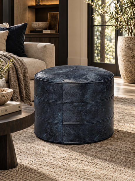 Modern European furniture - Genuine Leather Blue Round Pouf - www.oroa.com