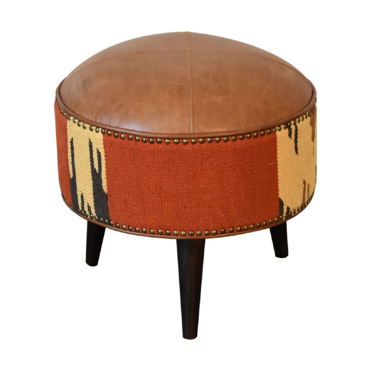 Solid Wood Leather Mixed Upholstered Footstool | OROA